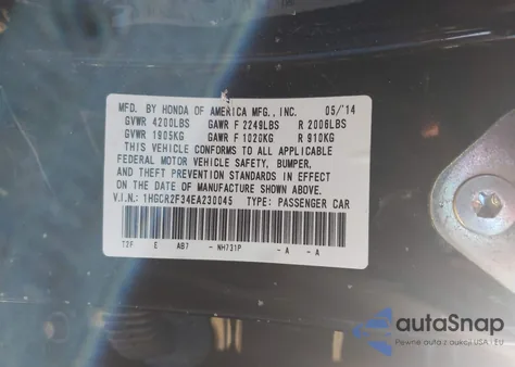 2014 Honda Accord Lx from USA, damaged, VIN 1HGCR2F34EA230045